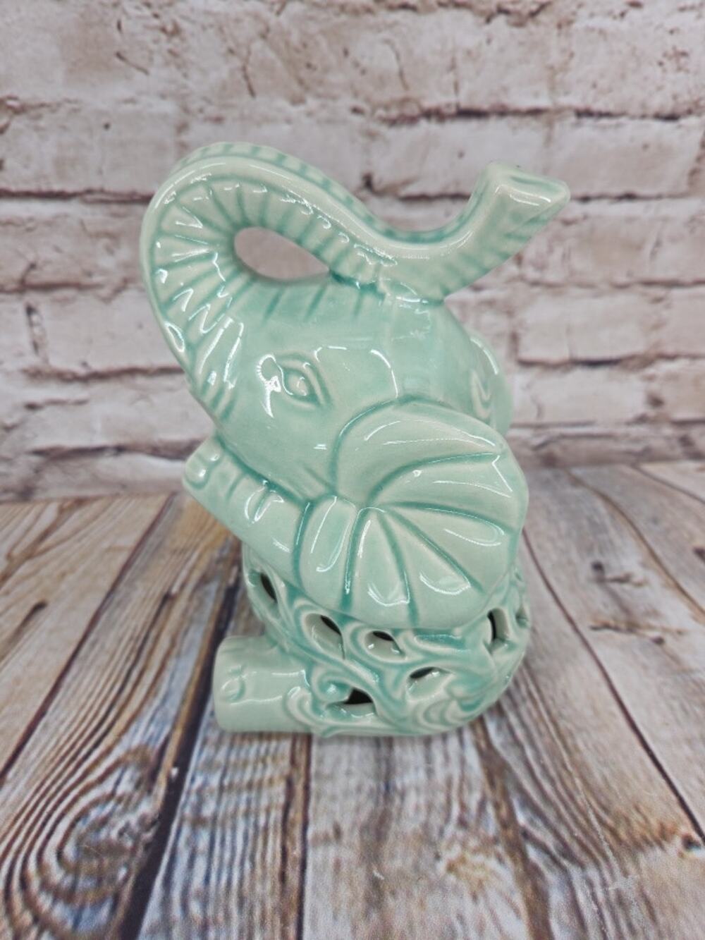 Elephant Figurine Potpourri Holder Green Ceramic Glazed Trunk Up Good Luck